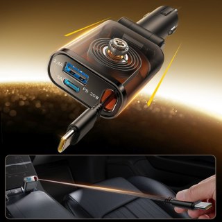 Ładowarka samochodowa 3w1 z kablem zwijanym USB-A USB-C - ciemnoszara