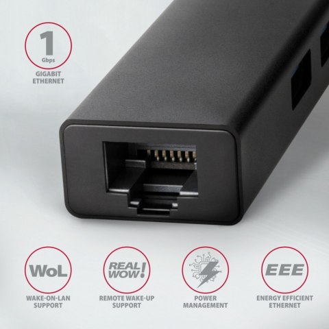 HMC-GL3A Wieloportowy hub USB 4in1, 5Gbps, 3x USB-A + GLAN, 20cm USB-C kabel