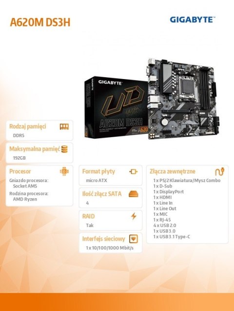 Płyta główna A620M DS3H AM5 4DDR5 HDMI/DP M.2 mATX