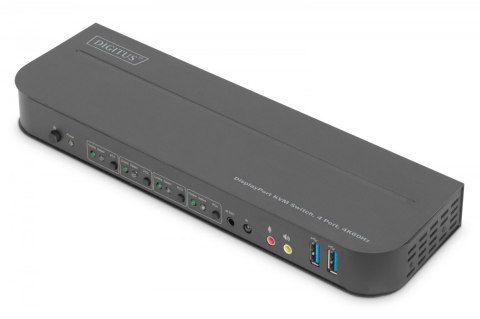 Przełącznik KVM, 4 portowy, 4K 60Hz, 4x DP IN, 1x DP OUT, 1x HDMI OUT, 2x USB A, 1x Audio IN&OUT