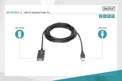 Przedłużacz/Extender USB 2.0 HighSpeed Typ USB A/USB A M/Ż aktywny, czarny 5m Digitus