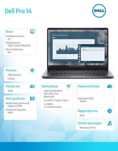 Laptop Dell Pro 14 PC14255/AMD Ryzen 5 220/16GB/256GB CL35/14.0 FHD+/Radeon 740M/FgrPr/Cam & Mic/WLAN + BT/Backlit Kb/3 Cell/W11