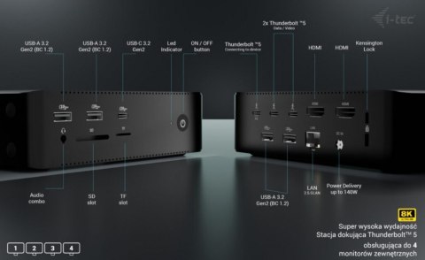 Stacja dokująca Thunderbolt 5 Quattro Display Docking Station 5x USB 2.5 GLan Power Delivery 140W
