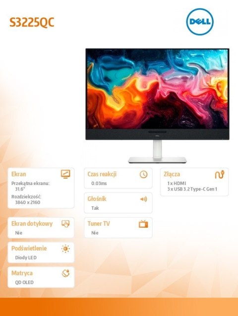 Monitor S3225QC 31.5 cala 4K (3840x2160)/16:9/HDMI/2xUSB-C/Speakers/3Y