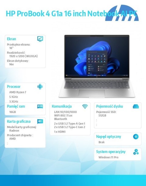 Laptop ProBook 4 G1a R7-250 512GB/16GB/W11P/16.0 C51HNET