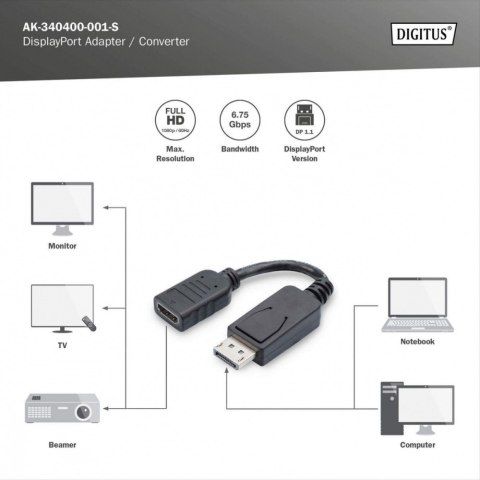 Kabel adapter Displayport z zatrzaskiem 1080p 60Hz FHD Typ DP/HDMI A M/Ż czarny 0,15m Digitus