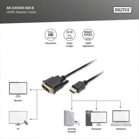 Kabel adapter HDMI Standard 1080p 60Hz FHD Typ HDMI A/DVI-D (18+1) M/M czarny 2m Digitus