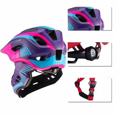 Kask rowerowy dziecięcy z odpinaną szczęką rozmiar M - fioletowo-różowy ROCKBROS
