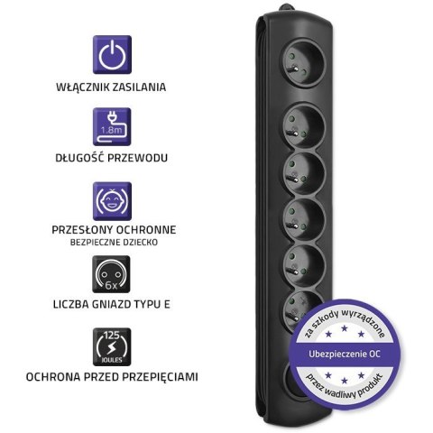 Listwa antyprzepięciowa, 6 gniazd; 1,8m Qoltec