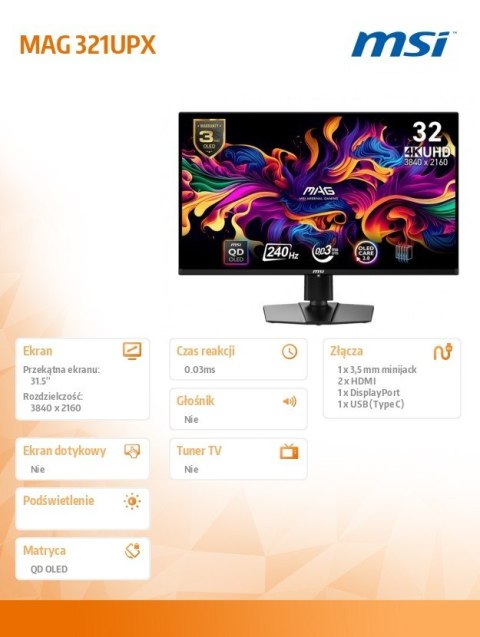 Monitor MAG 321UPX QD-OLED 31.5''/LED/UHD/Curv/160HZ/Black