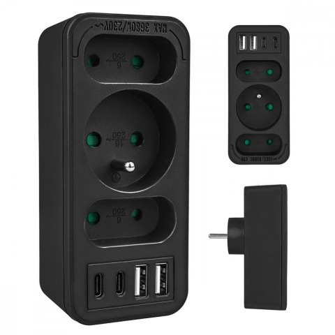Rozdzielacz na 3 gniazdka MCE248 F/B 2xUSB-A 2xUSB-C czarny