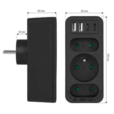 Rozdzielacz na 3 gniazdka MCE248 F/B 2xUSB-A 2xUSB-C czarny