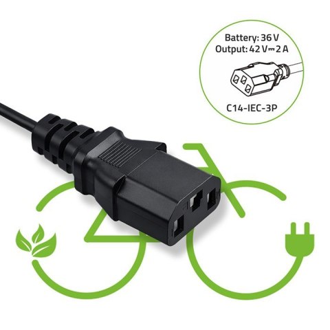 Ładowarka do roweru elektrycznego 36V | 42V | 2A | C14-IEC-3Pin + kabel zasilający