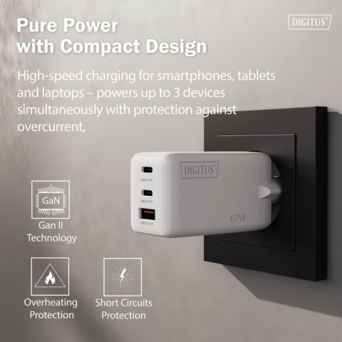Ładowarka sieciowa GaN II 67W | 2x USB-C, 1x USB-A | PD 3.0, QC 3.0 | Biała