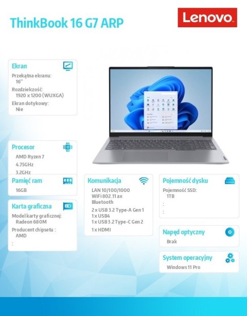 Laptop ThinkBook 16 G7 21MW0077PB W11Pro 7735HS/16GB/1TB/AMD Radeon/16.0 WQXGA/Arctic Grey/1YR CI + 3YRS OS + CO2 Offset