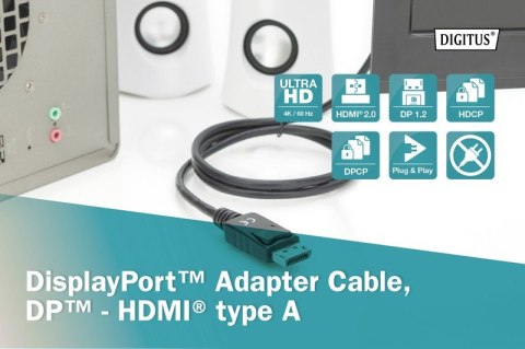 Kabel adapter DisplayPort 1.2 z zatrzaskiem 4K 60Hz UHD Typ DP/HDMI A M/M czarny 2m Digitus
