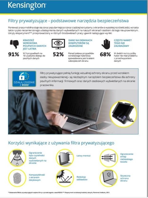 Filtr prywatyzujący 2-stronny, zdejmowany, do monitora 15.6 cala 16:9