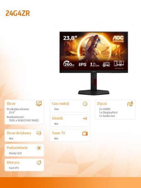 Monitor 23.8 cala 24G4ZR Fast IPS 240Hz HDMIx2 DP Pivot