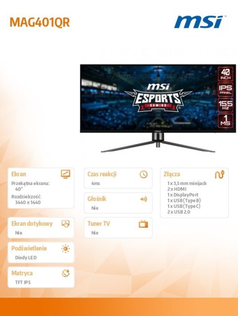 Monitor MAG401QR 40 cali /1ms/ IPS/UWQHD/155Hz/21:9