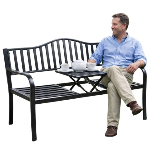 Ławka Ogrodowa Taras Ogród Park Metalowa Oparcie Stolik Czarna 150 cm