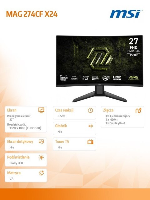 Monitor MAG 274CF X24 27cali/LED/FHD/CURVE/240Hz/Black