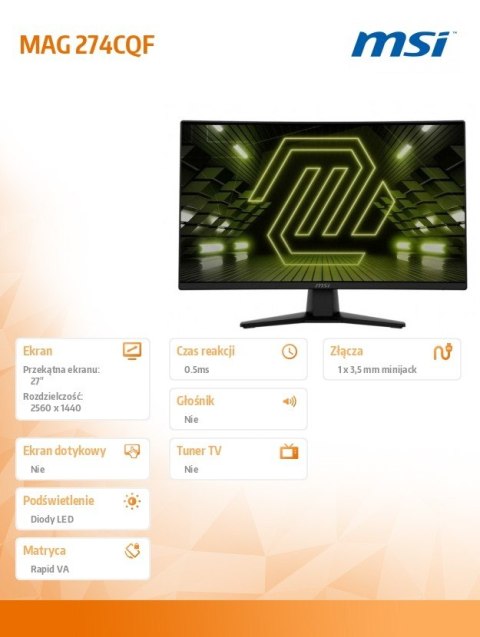 Monitor MAG 274CQF 27 cali/LED/WQHD/Zakrzywiony/180Hz/Czarny