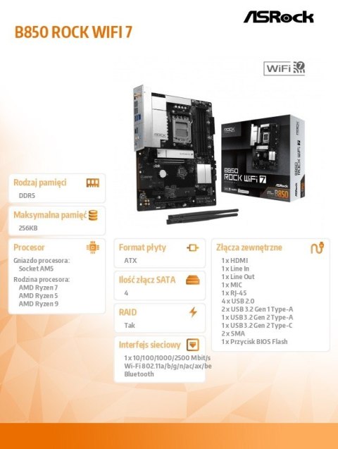 Płyta główna B850 ROCK WIFI 7 AM5 4DDR5 ATX