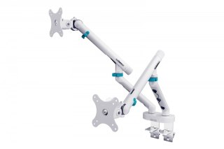 Ramię biurkowe podwójne z zaciskiem i sprężyną mechaniczną 2x LCD max. 35" obciążenie 2x10kg, VESA: 75x75, 100x100, białe
