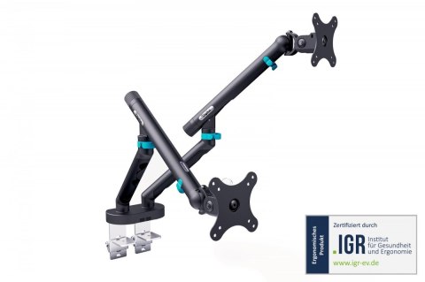 Ramię biurkowe podwójne z zaciskiem i sprężyną mechaniczną 2x LCD max. 35" obciążenie 2x10kg, VESA: 75x75, 100x100, czarne