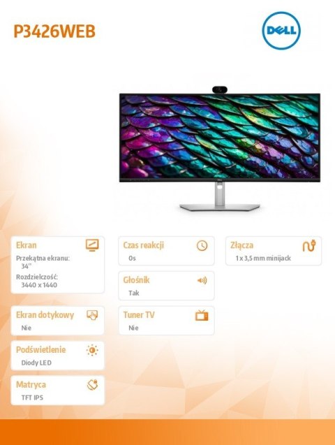 Monitor P3426WEB 34 cale IPS Zakrzywiony WQHD (3440x1440)/21:9/HDMI/DP/4xUSB/2xUSB-C/RJ45/Kamera/Głośniki/3Y