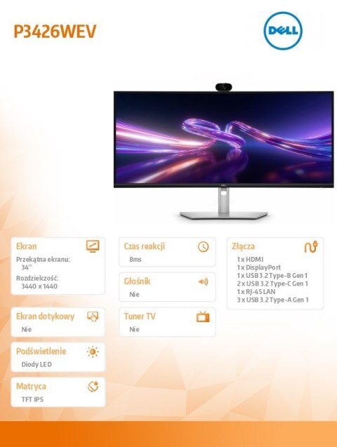 Monitor P3426WEV 34 cale IPS Curved WQHD (3440x1440)/21:9/HDMI/DP/4xUSB/2xUSB-C/RJ45/Camera/3Y