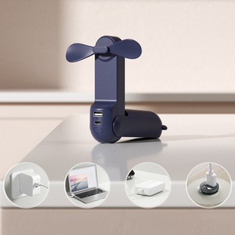 Mini wentylator wiatrak przenośny z funkcją powerbanka latarką USB-A USB-C 2000mAh - niebieski