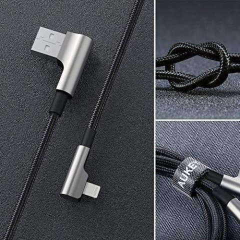 CB-AL01 OEM kabel 90° Lightning - USB-A 2m MFi Apple kątowy wtyki 90 stopni nylonowy oplot czarny AUKEY