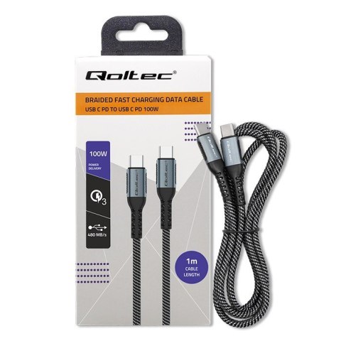 Kabel USB 2.0 typ C | USB 2.0 typ C 100W | QC 3.0 | PD | 1m | Czarny Qoltec