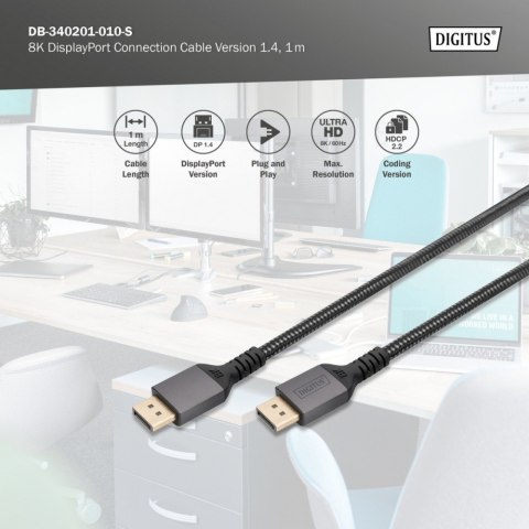 Kabel połączeniowy PREMIUM DisplayPort 8K60Hz UHD DP/DP M/M 1m Czarny Digitus