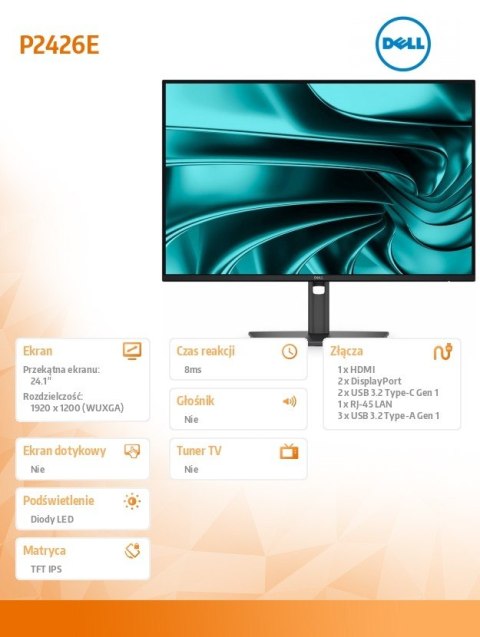 Monitor P2426HE 24 cale IPS FHD (1920x1200)/16:10/HDMI/2xDP/3xUSB/2xUSB-C/RJ45/3Y