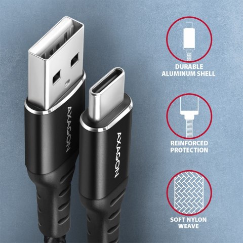 BUCM-AM20AB Kabel USB-C - USB-A, 2m, USB 2.0, 3A, ALU, oplot, Czarny AXAGON