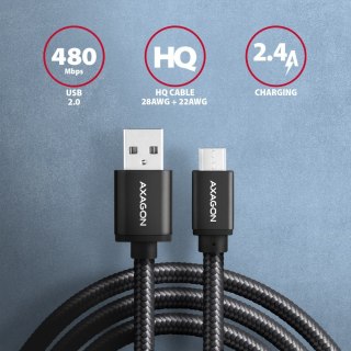 BUMM-AM10AB Kabel MicroUSB - USB-A, 1m, USB 2.0, 2.4A, ALU, oplot, Czarny AXAGON