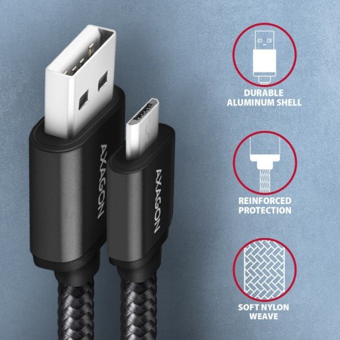 BUMM-AM10AB Kabel MicroUSB - USB-A, 1m, USB 2.0, 2.4A, ALU, oplot, Czarny AXAGON