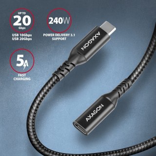 BUCM32-CF05AB Kabel przedłużacz Gen2 USB-C - USB-C 0.5m, 5A, 20Gbps, PD 240W, oplot, czarny AXAGON