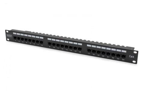 Panel krosowy (patch panel) 19'' 24x RJ45, LSA poziom, kat.6, nieekranowany, 1U, prowadnica kabli, pola opisowe, czarny
