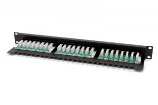 Panel krosowy (patch panel) 19'' 24x RJ45, LSA poziom, kat.6, nieekranowany, 1U, prowadnica kabli, pola opisowe, czarny