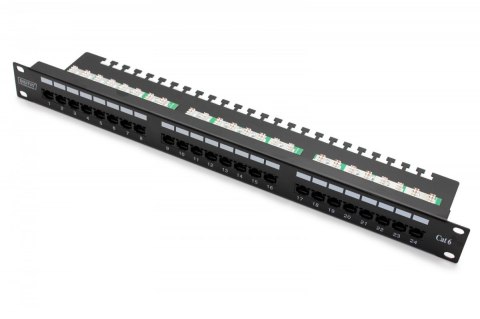 Panel krosowy (patch panel) 19'' 24x RJ45, LSA poziom, kat.6, nieekranowany, 1U, prowadnica kabli, pola opisowe, czarny