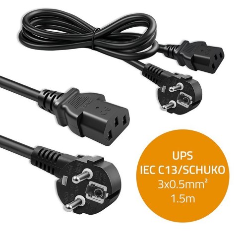 Kabel zasilający | wtyczka kątowa SCHUKO CEE 7/7 (E/F) | IEC C13 | 3x0.5mm2 | czysta miedź | 1.5m