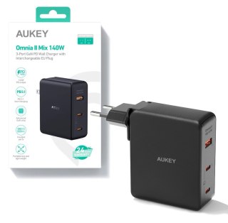 PA-B7O Omnia II GaN ładowarka sieciowa 3xUSB (2xUSB C+1xUSBA) 140W PD3.1 PPS EU/US/UK AUKEY