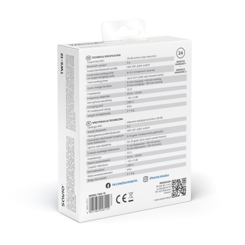 Słuchawki bezprzewodowe Bluetooth 5.3 z mikrofonem, ANC, ENC, QC, TWS-12 Savio