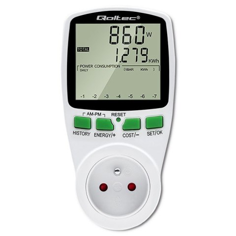 Watomierz Licznik zużycia energii PM0627 z historią pomiaru | 3680W | 16A | LCD Qoltec