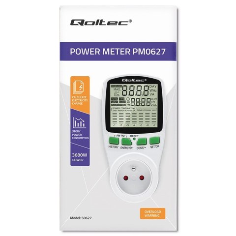 Watomierz Licznik zużycia energii PM0627 z historią pomiaru | 3680W | 16A | LCD Qoltec