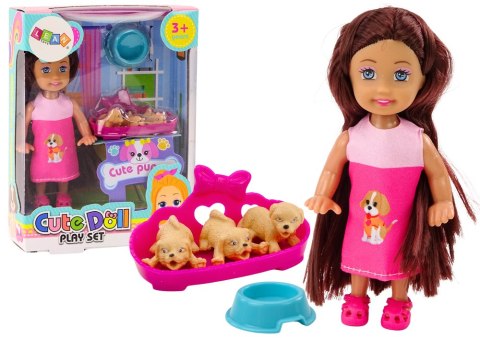 Mini Laleczka Długie Włosy Sukienka Trzy Pieski Legowisko LEAN Toys