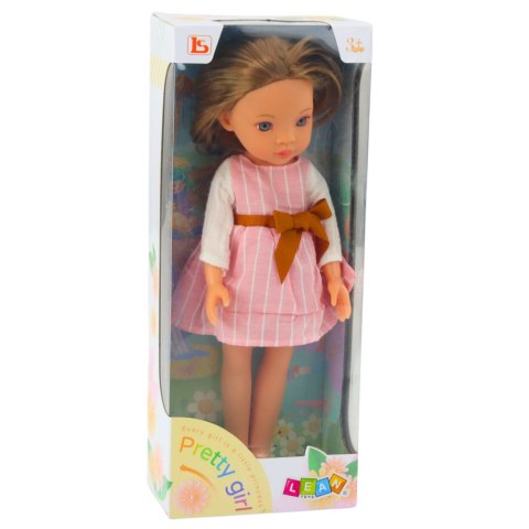 Lalka W Różowej Sukience z Kokardą Długie Brązowe Włosy LEAN Toys